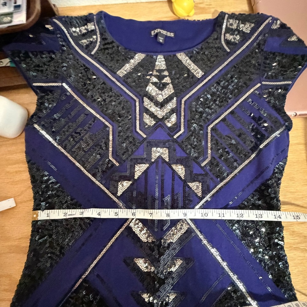 Express Womens Sequin Bodycon Dress Navy Blue Silver Geometric Art Deco Medium - Picture 8 of 8